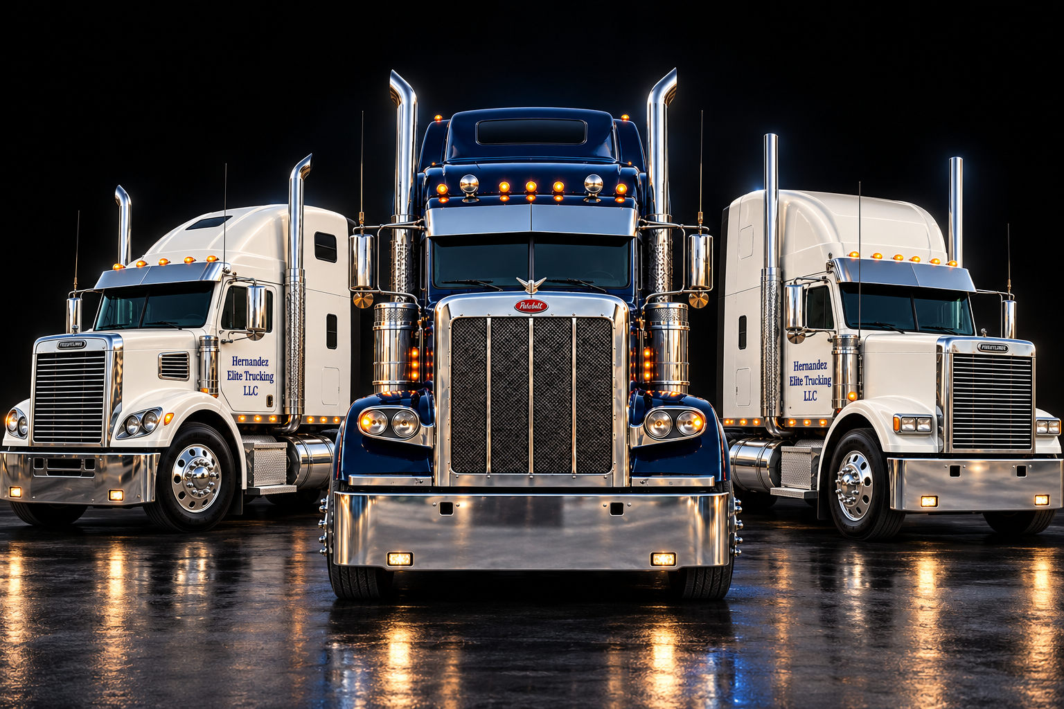 Concept image of three semi trucks: Freightliner Coronado on the left, a larger Peterbilt 389 sleeper in the center, and Freightliner Classic raised roof on the right, with Hernandez Elite Trucking LLC lettering on the side trucks.